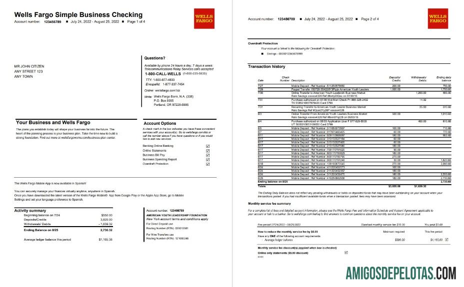 Exemplo de verificação de negócios simples do Wells Fargo Bank dos EUA 4p
